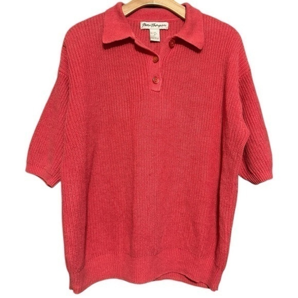 Norm Thompson Vintage M Coral Red Linen Cotton Knit Short Sleeve Polo Sweater